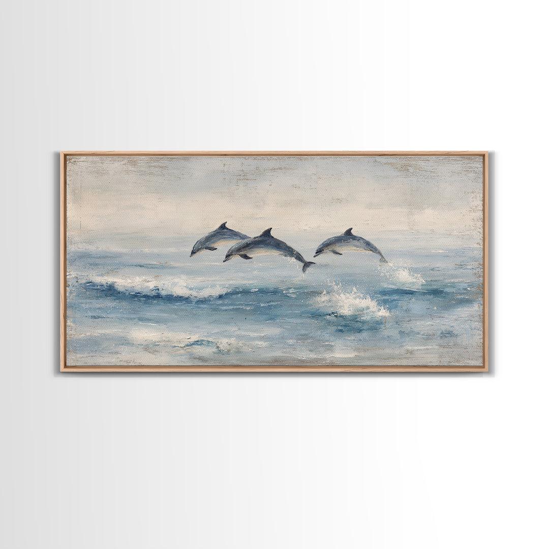 Dolphins Leaping Through Sunlit Waves Framed Canvas Print, Marine Life Art, Coastal Art, Living Room Decor, Watercolor Art, MLA-2x1-51