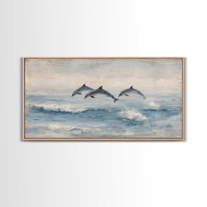 Dolphins Leaping Through Sunlit Waves Framed Canvas Print, Marine Life Art, Coastal Art, Living Room Decor, Watercolor Art, MLA-2x1-51