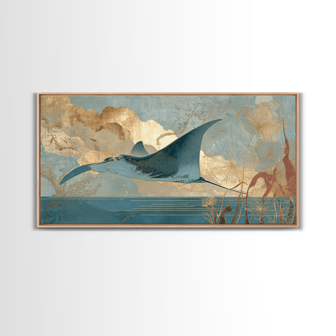 Manta Ray Flying Through Underwater Light Canvas Print, Marine Life Art, Statement Artwork, Living Room Decor, Fine Art, Marine, MLA-2x1-58