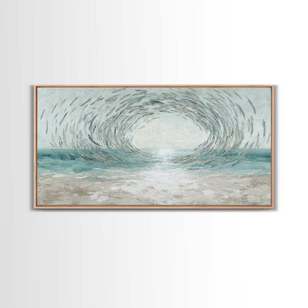 School of Fish Forming a Silver Spiral Framed Canvas Print, Marine Life Art, Coastal Art, Living Room Decor, Fine Art, Marine, MLA-2x1-72