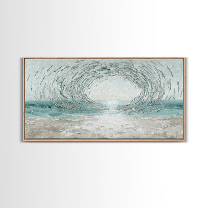 School of Fish Forming a Silver Spiral Framed Canvas Print, Marine Life Art, Coastal Art, Living Room Decor, Fine Art, Marine, MLA-2x1-72
