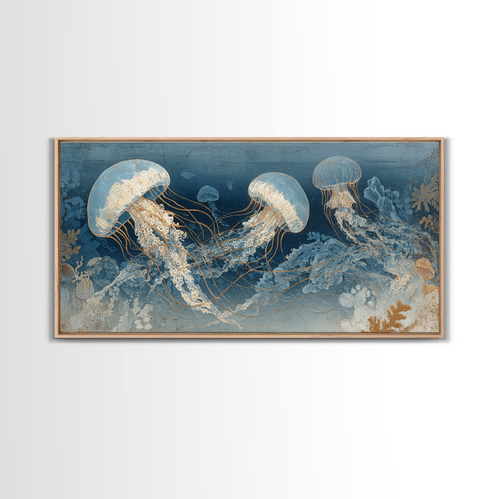 Jellyfish Floating in Luminous Dark Water Canvas Print, Marine Life Art, Art Print, Living Room Decor, Watercolor Art, Marine, MLA-2x1-74