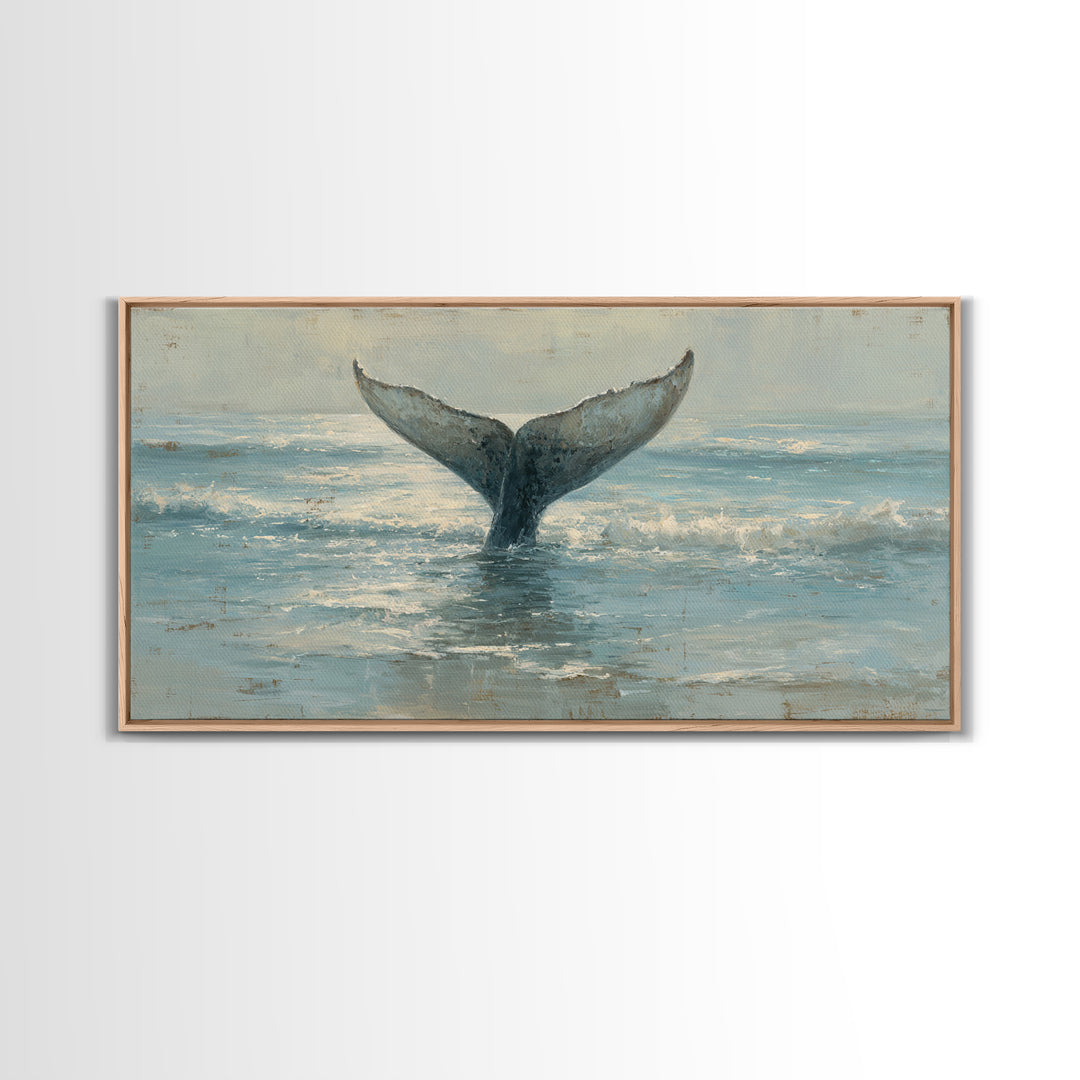 Whale Tail Rising from Misty Ocean Canvas Print, Marine Life Art, Luxury Decor, Living Room Decor, Oil Painting, Marine, MLA-2x1-94