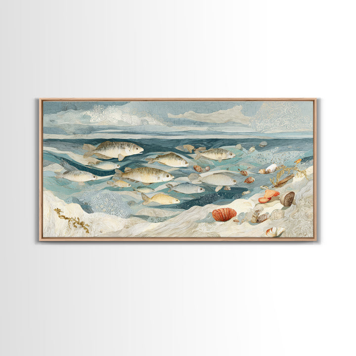 School of Fish Forming a Silver Spiral Framed Canvas Print, Marine Life Art, Ocean Decor, Living Room Decor, Oil Painting, MLA-2x1-96