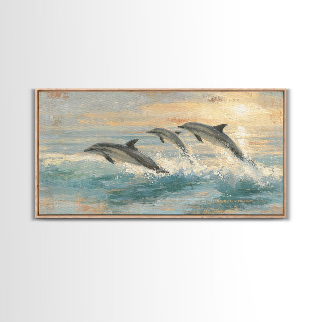 Dolphins Leaping Through Sunlit Waves Framed Canvas Print, Marine Life Art, Coastal Art, Living Room Decor, Fine Art, Marine, MLA-2x1-99