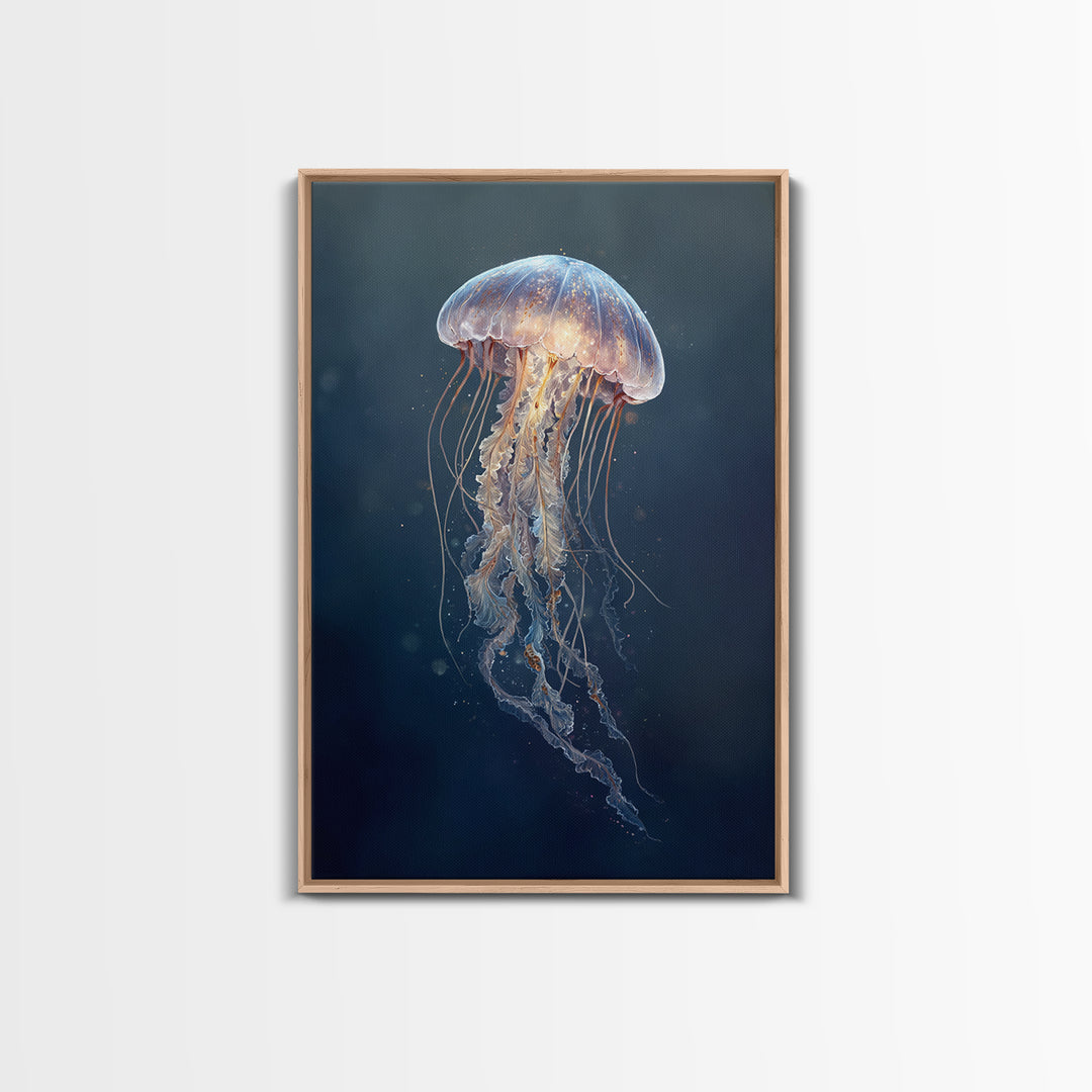 Jellyfish Floating in Luminous Dark Water Canvas Print, Marine Life Art, Handmade Art, Living Room Decor, Oil Painting, Marine, MLA-2x3-14