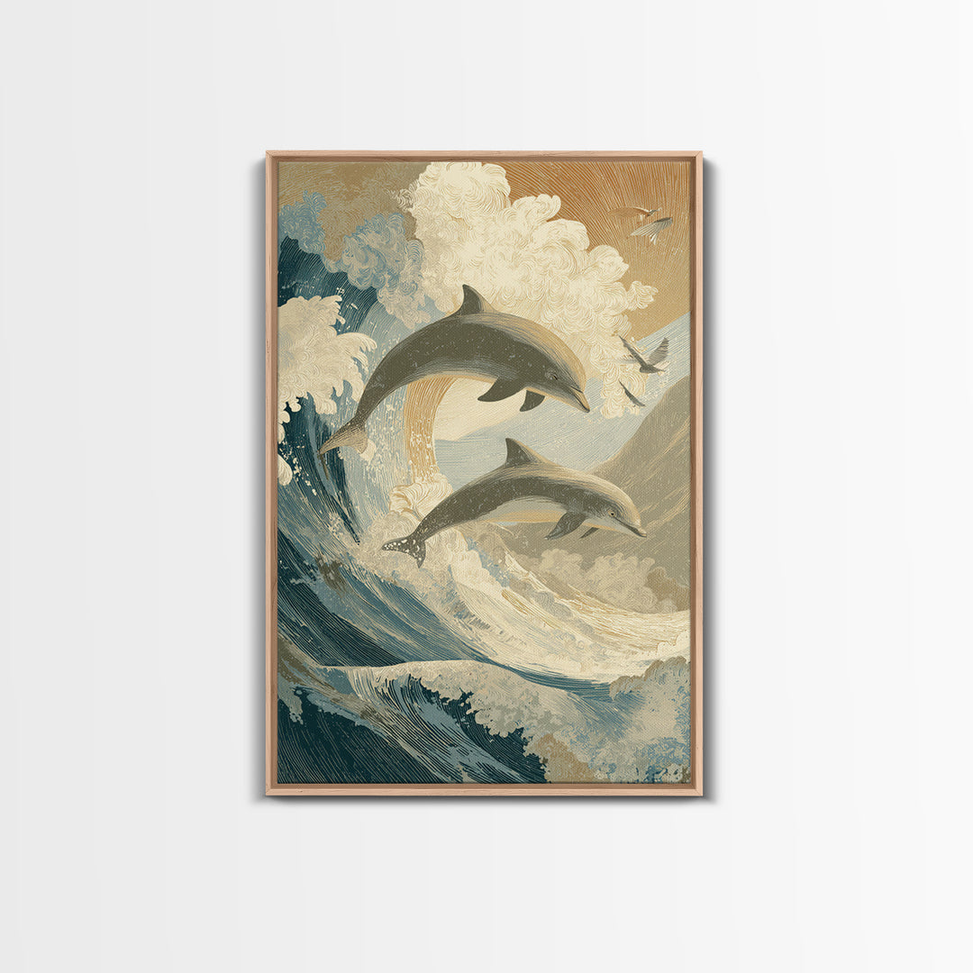 Dolphins Leaping Through Sunlit Waves Canvas Print, Marine Life Art, Surf Poster, Living Room Decor, Fine Art, Marine, MLA-2x3-15