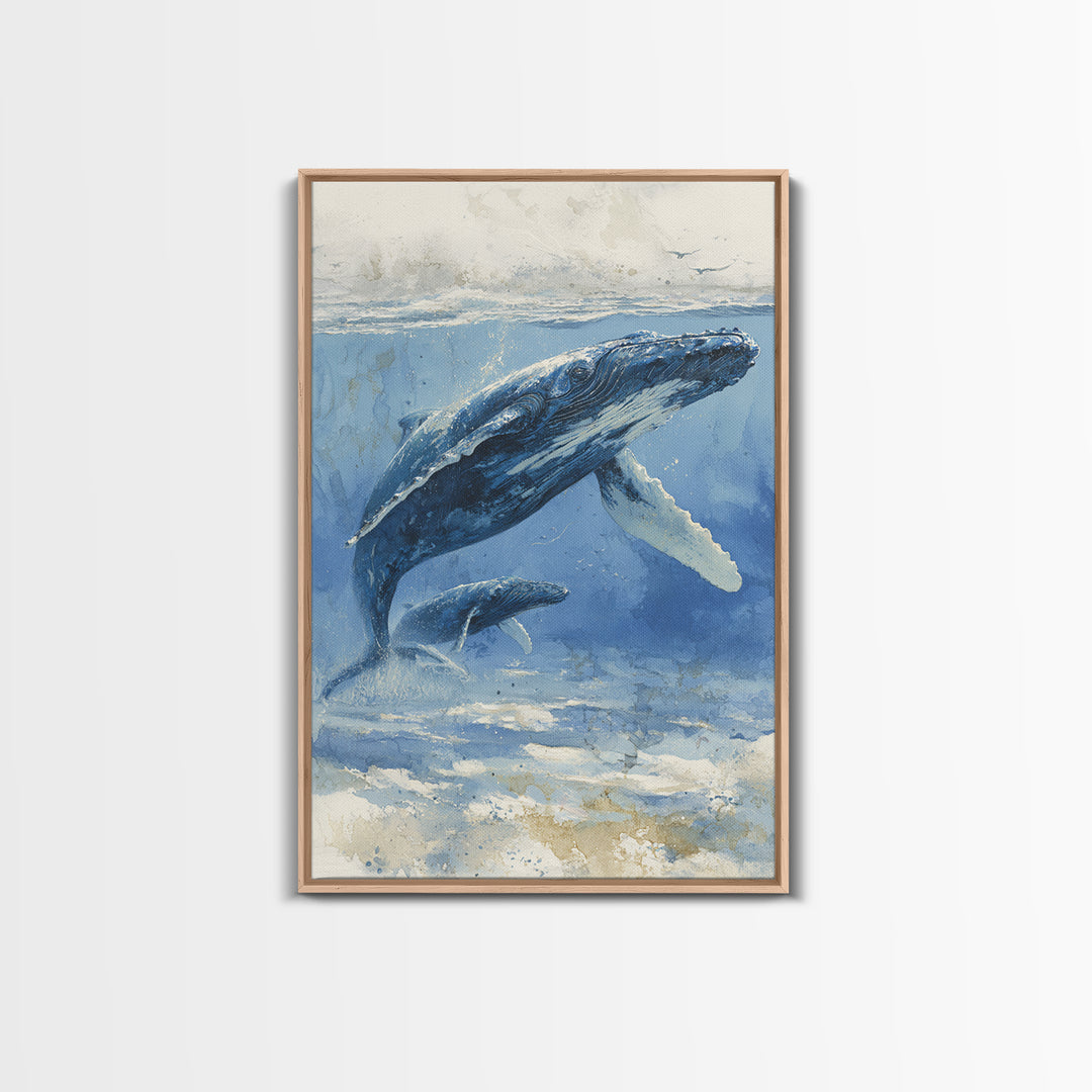 Humpback Whale and Calf Framed Canvas Print, Marine Life Art, Tropical Wall Art, Living Room Decor, Fine Art, Marine, MLA-2x3-26