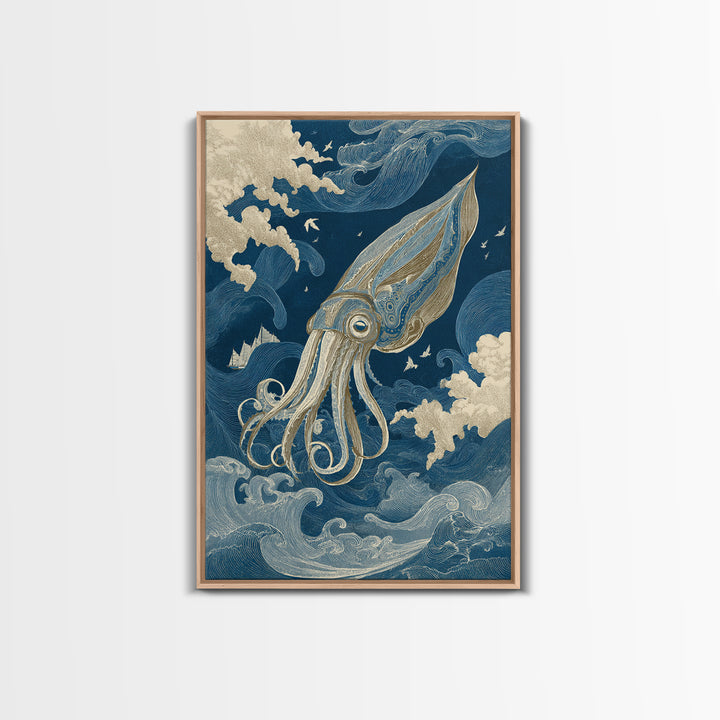 Squid in a Mysterious Midnight Sea Canvas Print, Marine Life Art, Ocean Wall Art, Living Room Decor, Watercolor Art, Marine, MLA-2x3-27