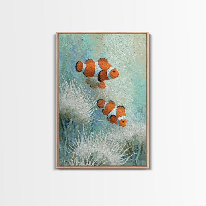Clownfish Around Anemone Tentacles Framed Canvas Print, Marine Life Art, Textured Painting, Living Room Decor, Fine Art, Marine, MLA-2x3-28