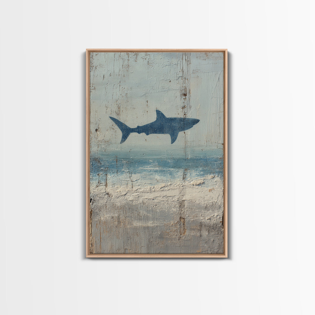 Shark Silhouette in Deep Blue Light Framed Canvas Print, Marine Life Art, Nautical Wall Art, Living Room Decor, Watercolor Art, MLA-2x3-44