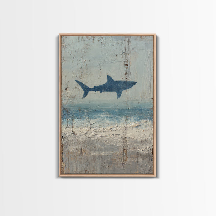 Shark Silhouette in Deep Blue Light Framed Canvas Print, Marine Life Art, Nautical Wall Art, Living Room Decor, Watercolor Art, MLA-2x3-44
