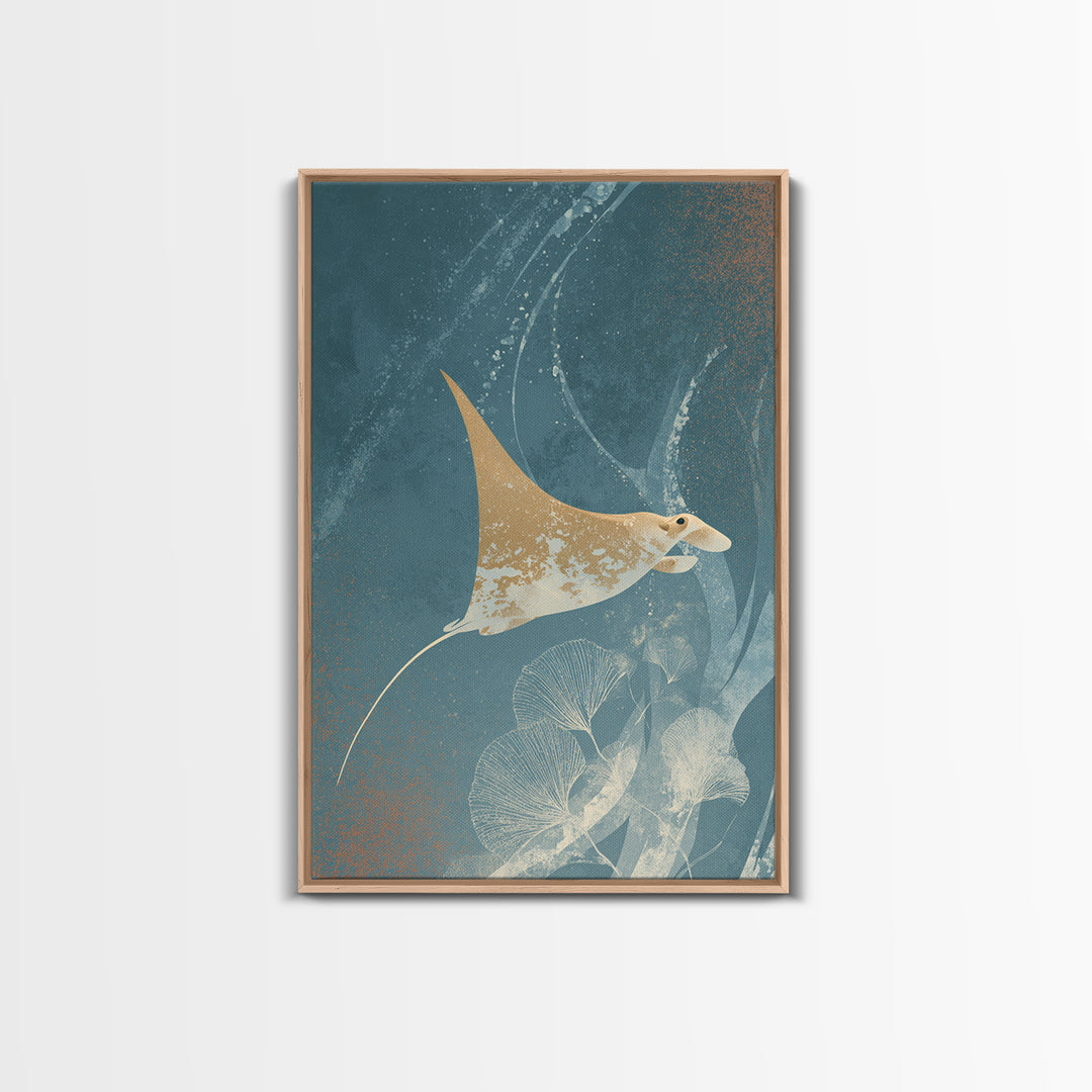 Manta Ray Flying Through Underwater Light Framed Canvas Print, Marine Life Art, Home Decor, Living Room Decor, Fine Art, Marine, MLA-2x3-46
