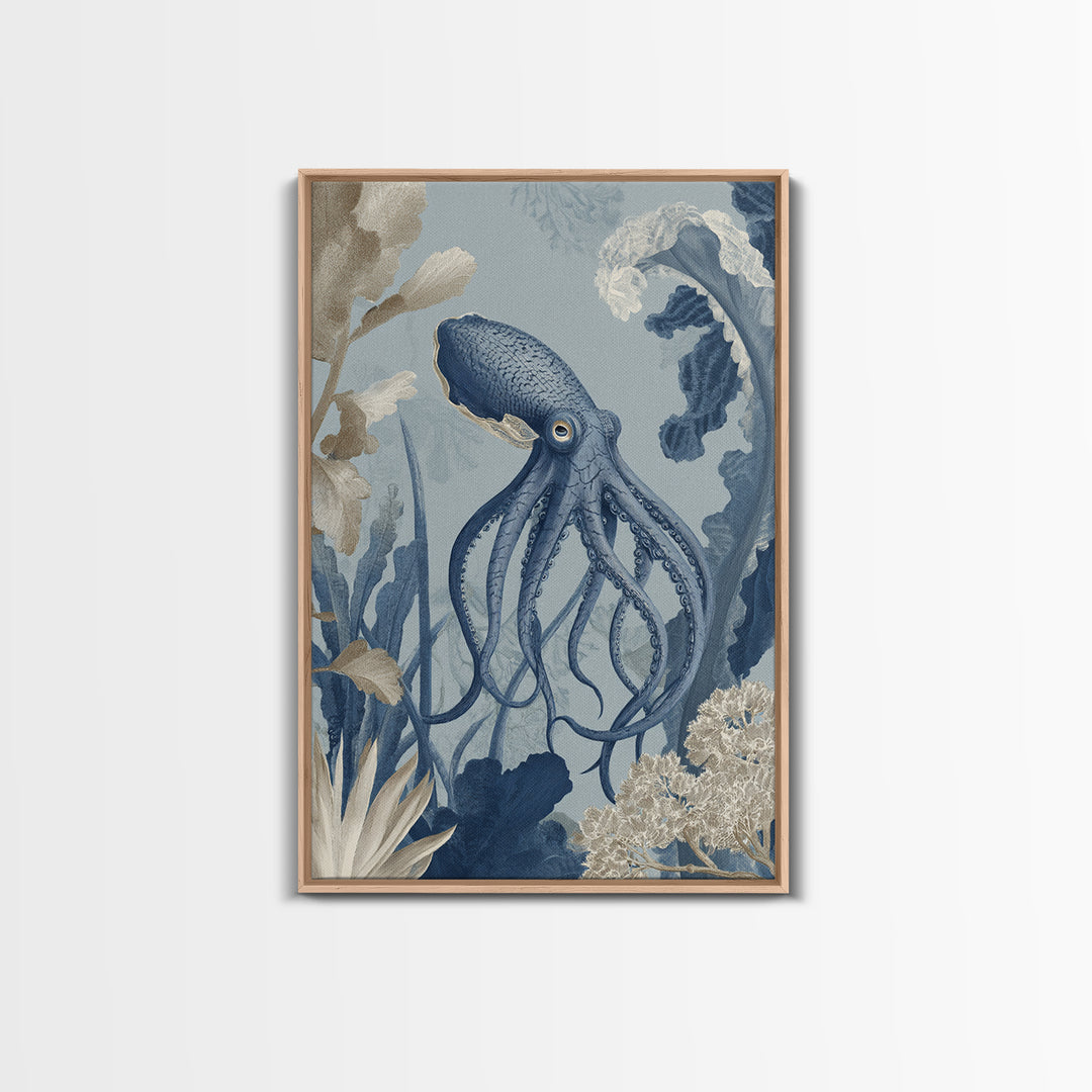 Squid in a Mysterious Midnight Sea Framed Canvas Print, Marine Life Art, Ocean Decor, Living Room Decor, Oil Painting, Marine, MLA-2x3-51