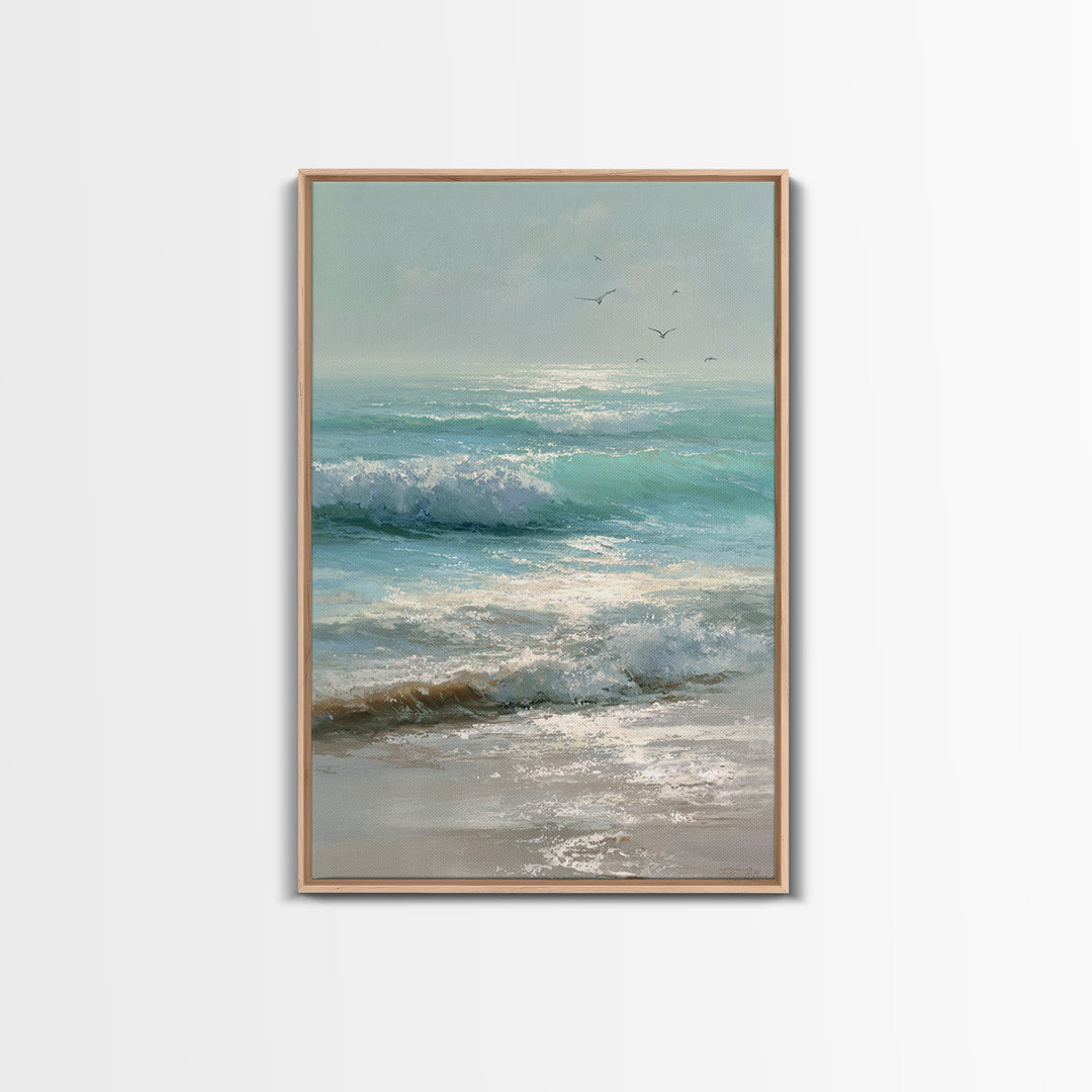 Dolphins Leaping Through Sunlit Waves Framed Canvas Print, Marine Life Art, Ocean Painting, Living Room Decor, Watercolor Art, MLA-2x3-63