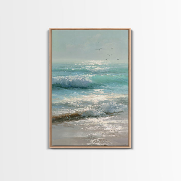 Dolphins Leaping Through Sunlit Waves Framed Canvas Print, Marine Life Art, Ocean Painting, Living Room Decor, Watercolor Art, MLA-2x3-63