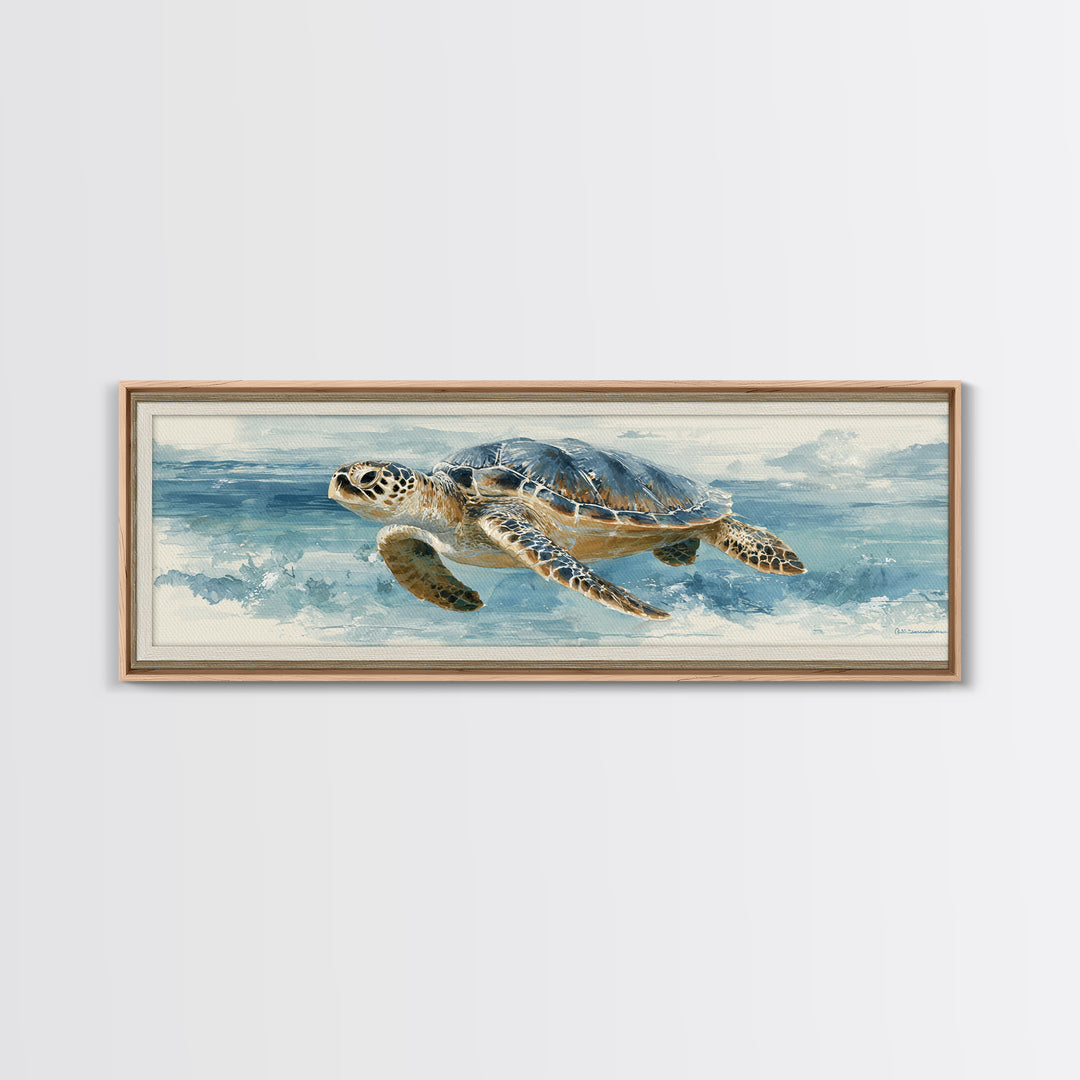 Sea Turtle Gliding Through Clear Blue Water Framed Canvas Print, Marine Life Art, Watercolor Art, Living Room Decor, Marine, MLA-3x1-17