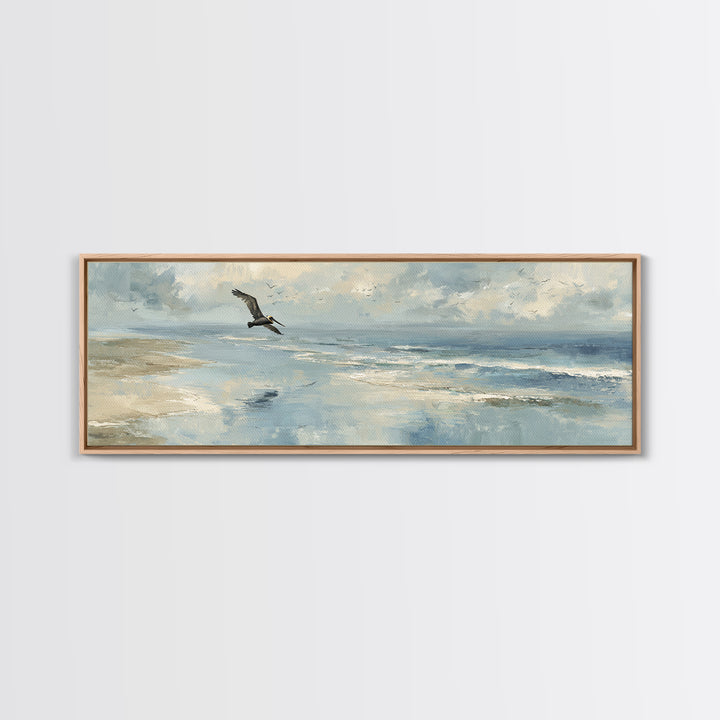 Pelican Diving Toward Fish Near Surface Framed Canvas Print, Marine Life Art, Neutral Decor, Living Room Decor, Marine, MLA-3x1-63