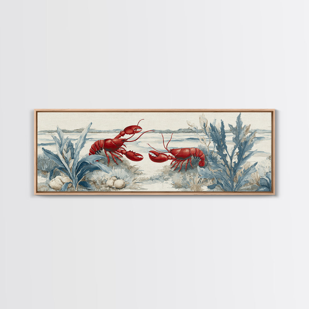 Lobster in Bold Coastal Red Palette Framed Canvas Print, Marine Life Art, Tropical Wall Art, Living Room Decor, Marine, MLA-3x1-7