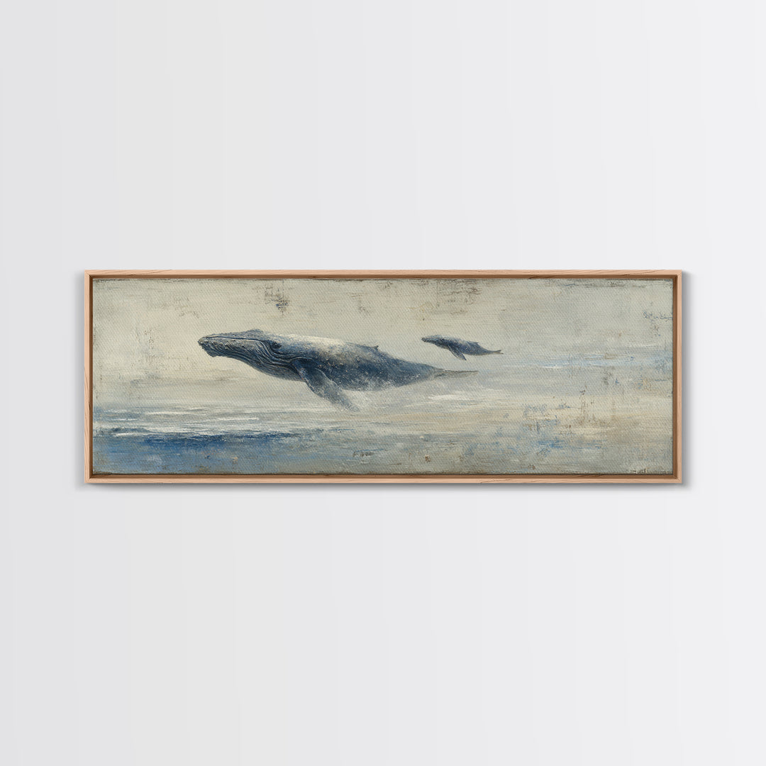Humpback Whale and Calf Framed Canvas Print, Marine Life Art, Coastal Wall Art, Living Room Decor, Oil Painting, Marine, MLA-3x1-82