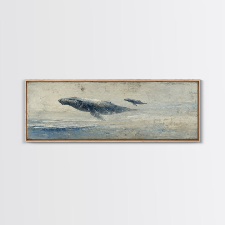 Humpback Whale and Calf Framed Canvas Print, Marine Life Art, Coastal Wall Art, Living Room Decor, Oil Painting, Marine, MLA-3x1-82