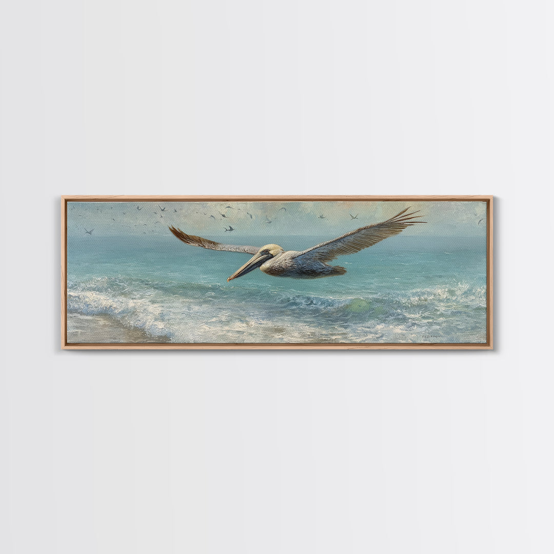 Pelican Diving Toward Fish Near Surface Framed Canvas Print, Marine Life Art, Contemporary Art, Living Room Decor, Marine, MLA-3x1-87