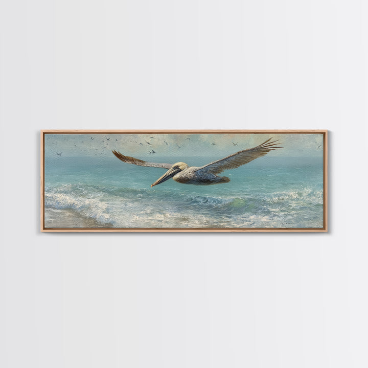 Pelican Diving Toward Fish Near Surface Framed Canvas Print, Marine Life Art, Contemporary Art, Living Room Decor, Marine, MLA-3x1-87