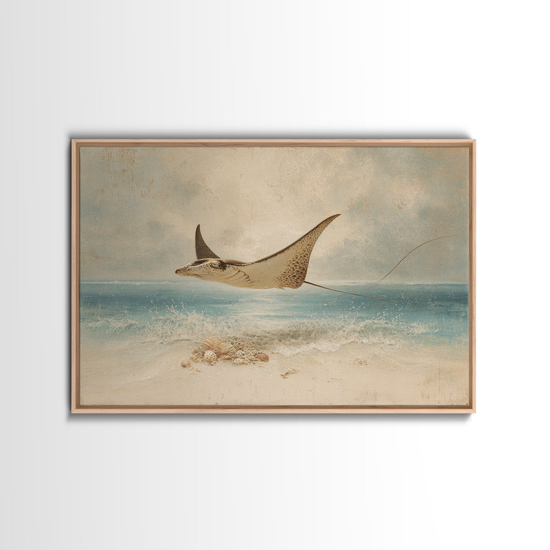Manta Ray Flying Through Underwater Light Framed Canvas Print, Marine Life Art, Textured Painting, Living Room Decor, Marine, MLA-3x2-18