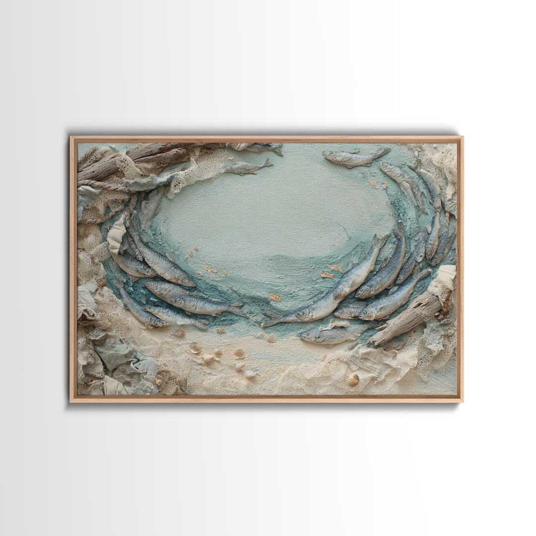 School of Fish Forming a Silver Spiral Canvas Print, Marine Life Art, Minimalist Decor, Living Room Decor, Fine Art, Marine, MLA-3x2-32