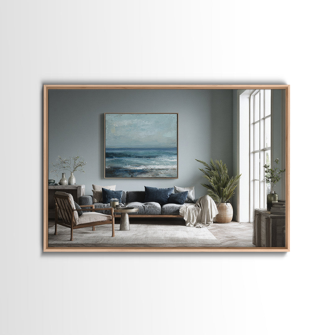 Squid in a Mysterious Midnight Sea Framed Canvas Print, Marine Life Art, Ocean Decor, Living Room Decor, Oil Painting, Marine, MLA-3x2-47