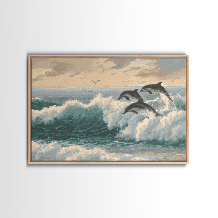 Dolphins Leaping Through Sunlit Waves Framed Canvas Print, Marine Life Art, Original Artwork, Living Room Decor, Oil Painting, MLA-3x2-59