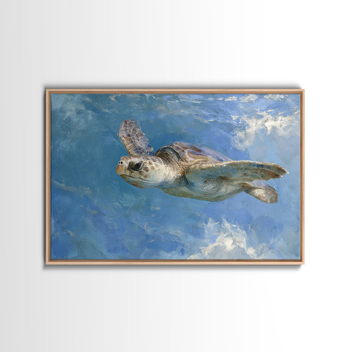 Sea Turtle Gliding Through Clear Blue Water Framed Canvas Print, Marine Life Art, Original Artwork, Living Room Decor, Marine, MLA-3x2-77