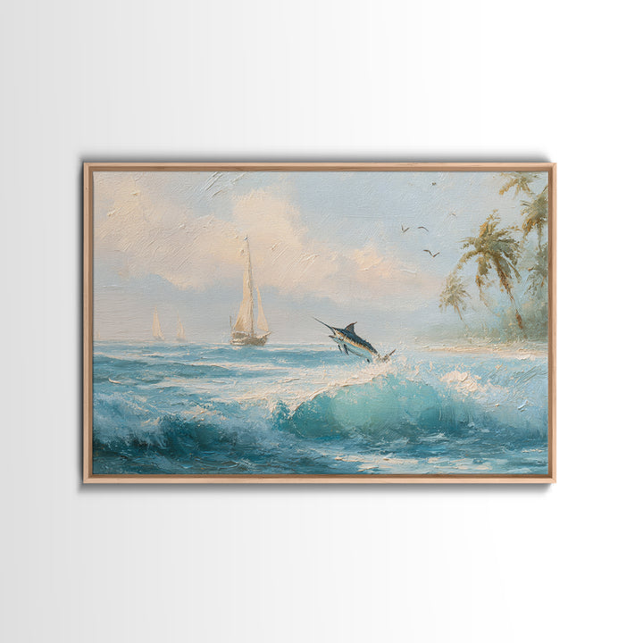 Sailfish Leaping in Dramatic Motion Framed Canvas Print, Marine Life Art, Nautical Wall Decor, Living Room Decor, MLA-3x2-97