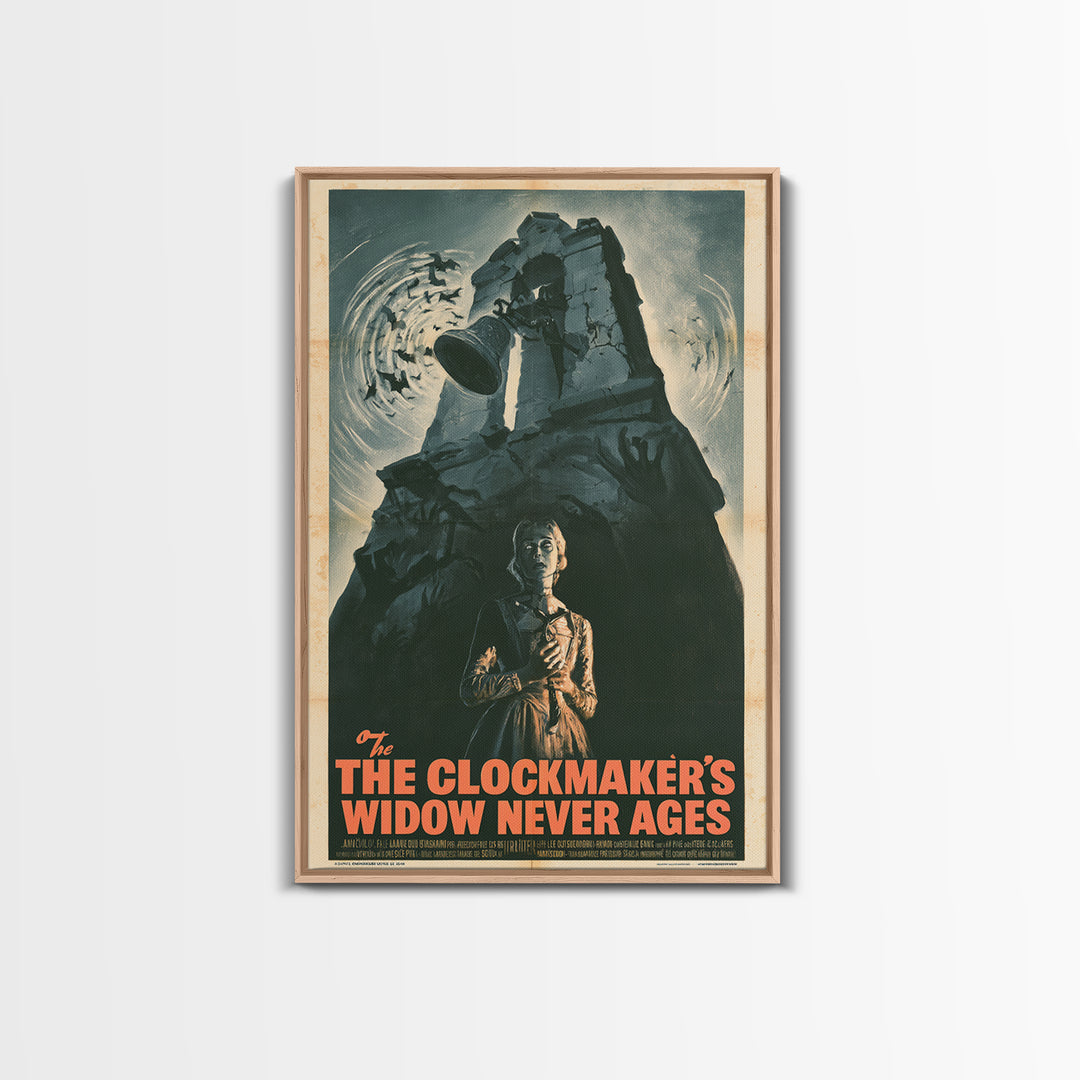 The Clockmaker's Widow Never Ages, French Horror Film Poster, Retro Gothic Cinema Art, Vintage Halloween Wall Art, Framed Canvas Print