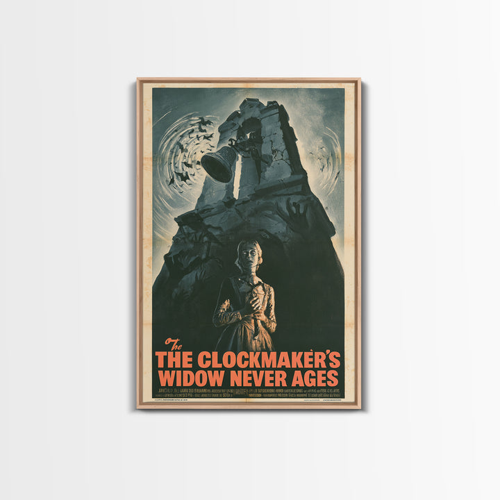 The Clockmaker's Widow Never Ages, French Horror Film Poster, Retro Gothic Cinema Art, Vintage Halloween Wall Art, Framed Canvas Print