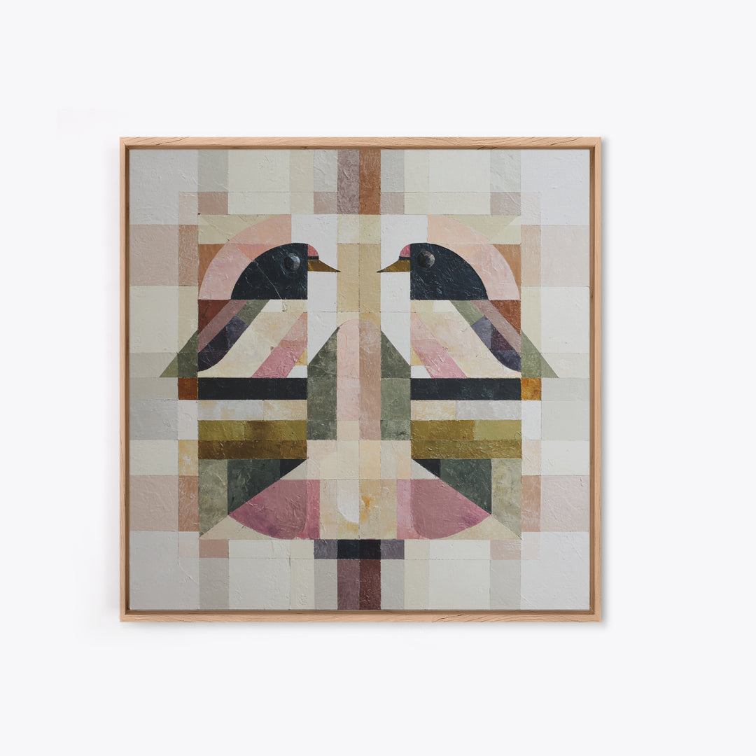Bird Motif with Playful Geometric Feathers Canvas Print, Midcentury Modern Art, Digital Art, Living Room Decor, Abstract Art, MMA-1x1-36