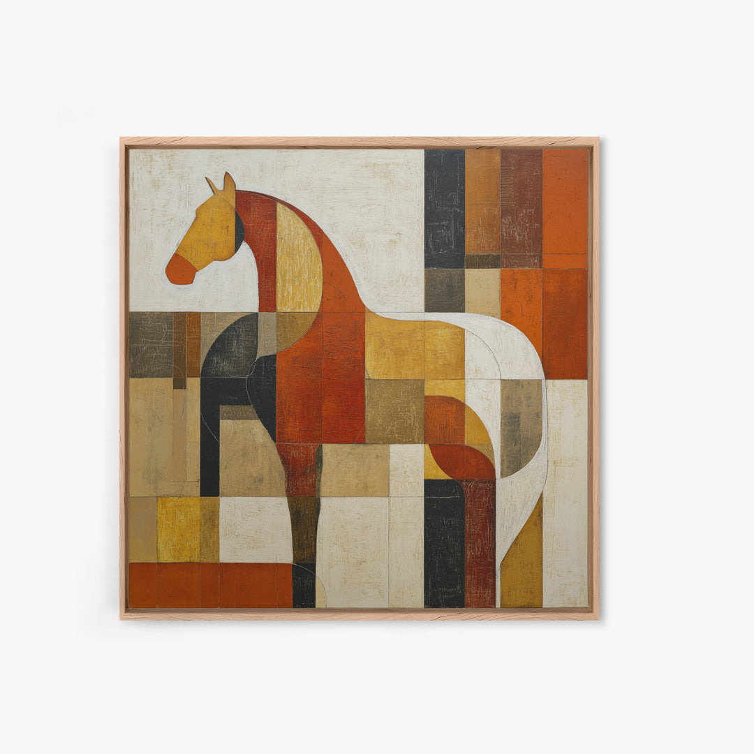 Mid Century Horse Framed Canvas Print, Midcentury Modern Art, Oversized Wall Art, Living Room Decor, Oil Painting, Retro, MMA-1x1-43