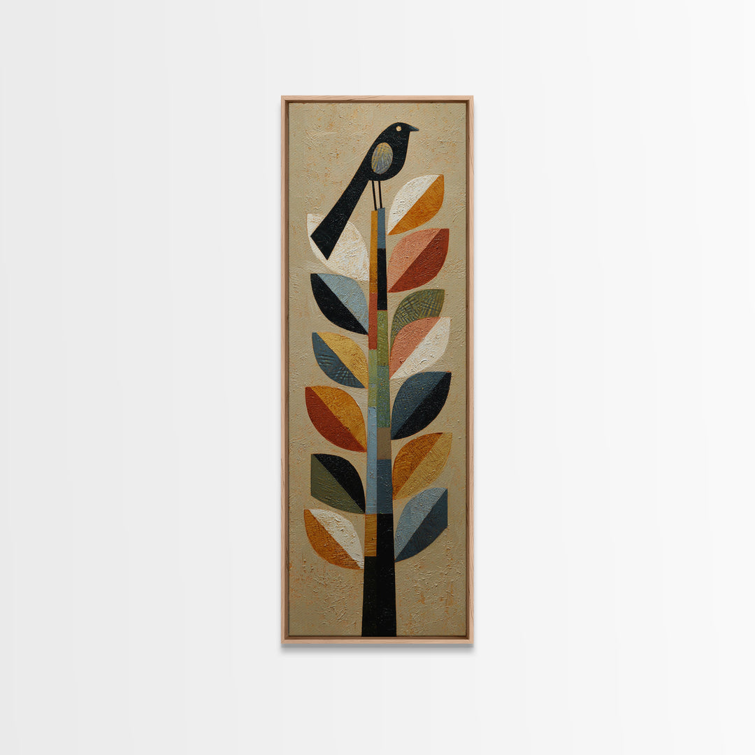 Bird Motif with Playful Geometric Feathers Canvas Print, Midcentury Modern Art, Retro Wall Art, Living Room Decor, Retro, MMA-1x3-96