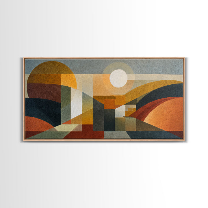 Large Sun and Hill Shapes Framed Canvas Print, Midcentury Modern Art, Art Print, Living Room Decor, Retro, Abstract Wall Art, MMA-2x1-1