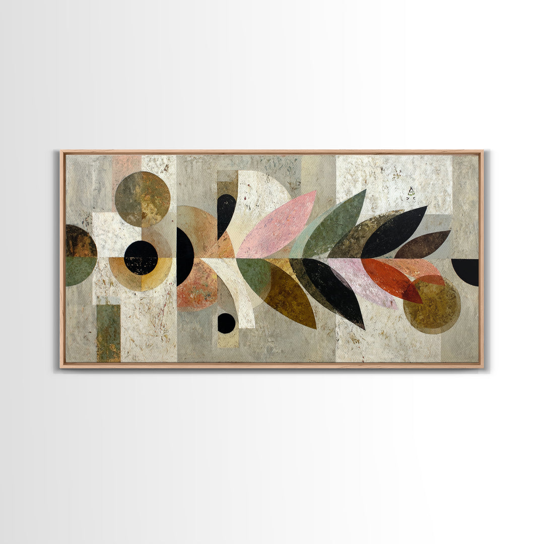 Bird Motif with Playful Geometric Feathers Framed Canvas Print, Midcentury Modern Art, Digital Print, Living Room Decor, Retro, MMA-2x1-80