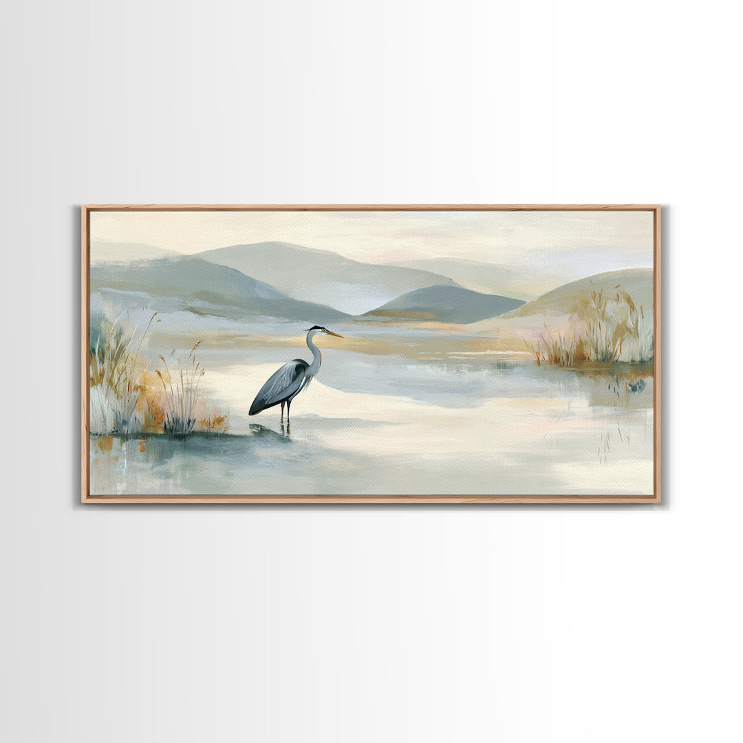 Blue Heron Standing Framed Canvas Print, Medical Office Art, Art Print, Office Decor, Calm, Printable Art, Minimalist Art, MOA-2x1-34
