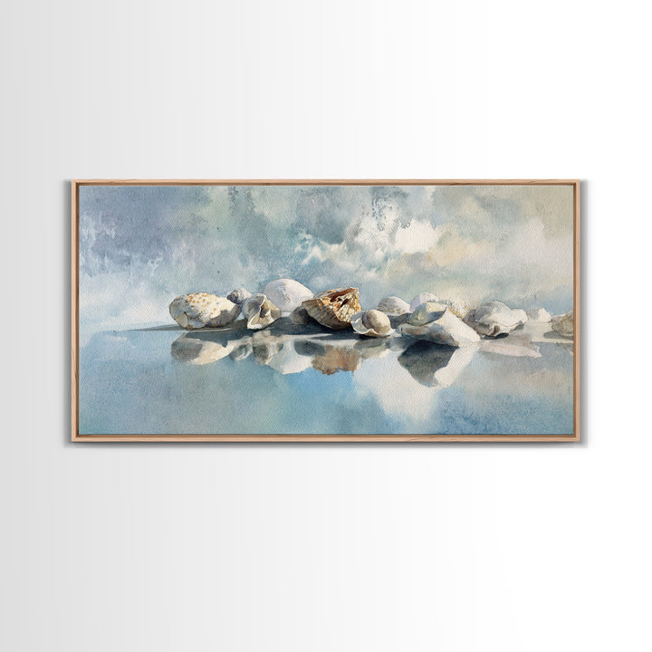 Coastal Shells and Water Study Framed Canvas Print, Medical Office Art, Home Decor, Office Decor, Fine Art, Calm, Medical Art, MOA-2x1-40