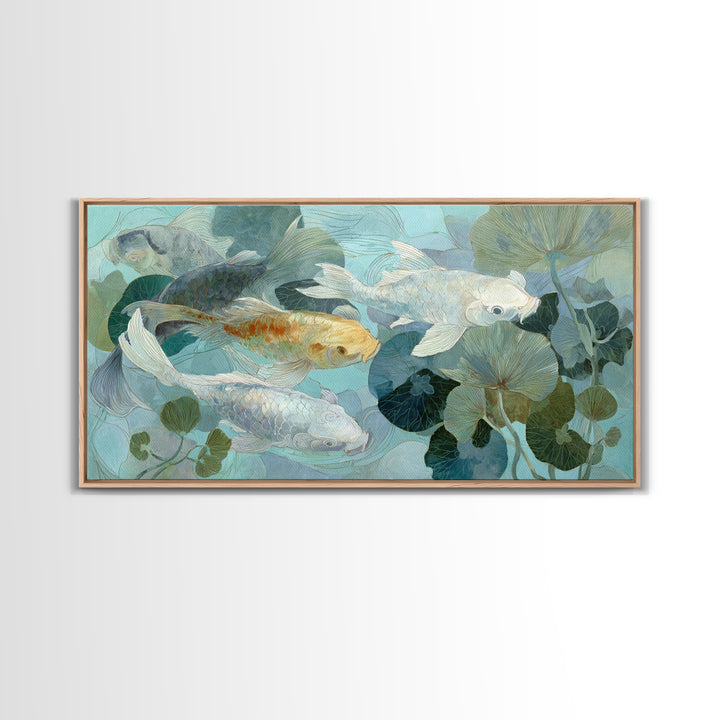 Calm Koi Fish Swimming Through Clear Water Framed Canvas Print, Medical Office Art, Statement Artwork, Office Decor, Calm, MOA-2x1-42