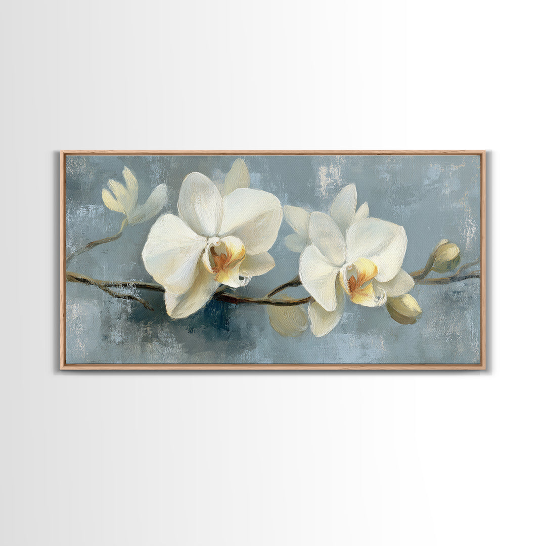 White Orchid on Gray Stone Surface Framed Canvas Print, Medical Office Art, Minimalist Decor, Office Decor, Fine Art, Calm, MOA-2x1-50