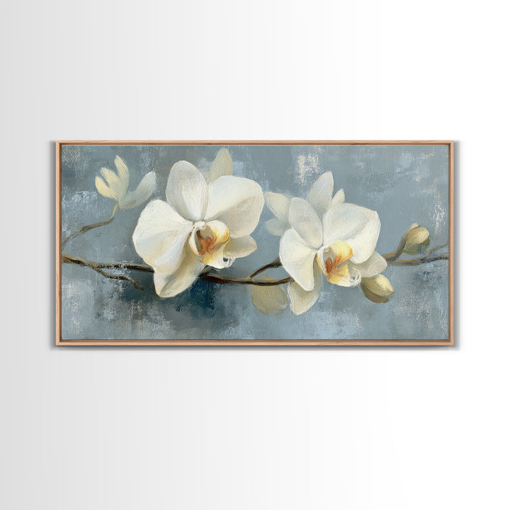 White Orchid on Gray Stone Surface Framed Canvas Print, Medical Office Art, Minimalist Decor, Office Decor, Fine Art, Calm, MOA-2x1-50