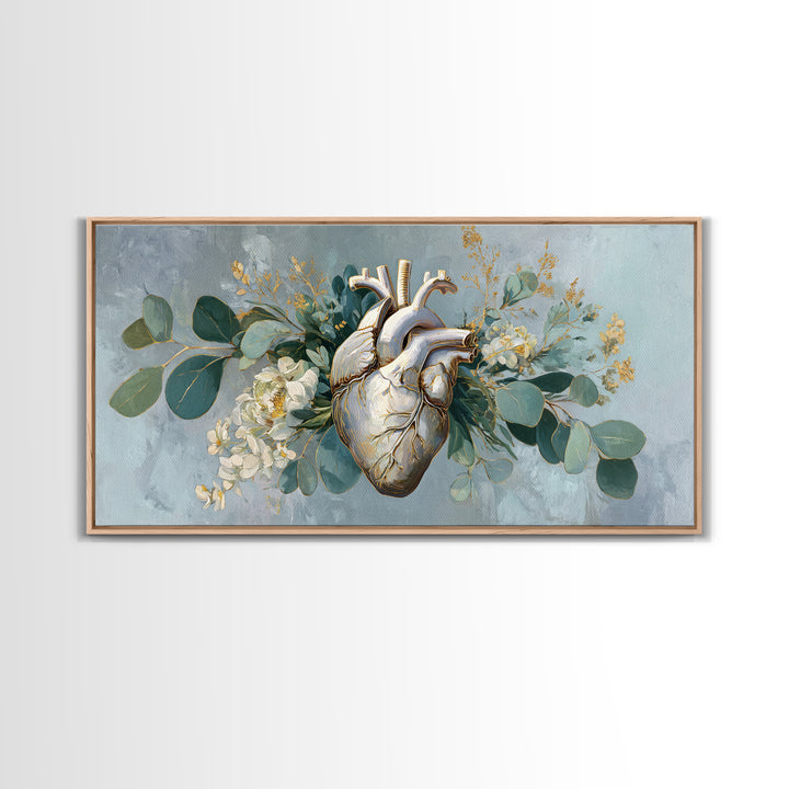 Anatomical Heart Rendered as Tasteful Botanical Art Canvas Print, Medical Office Art, Digital Art, Office Decor, Watercolor Art, MOA-2x1-57