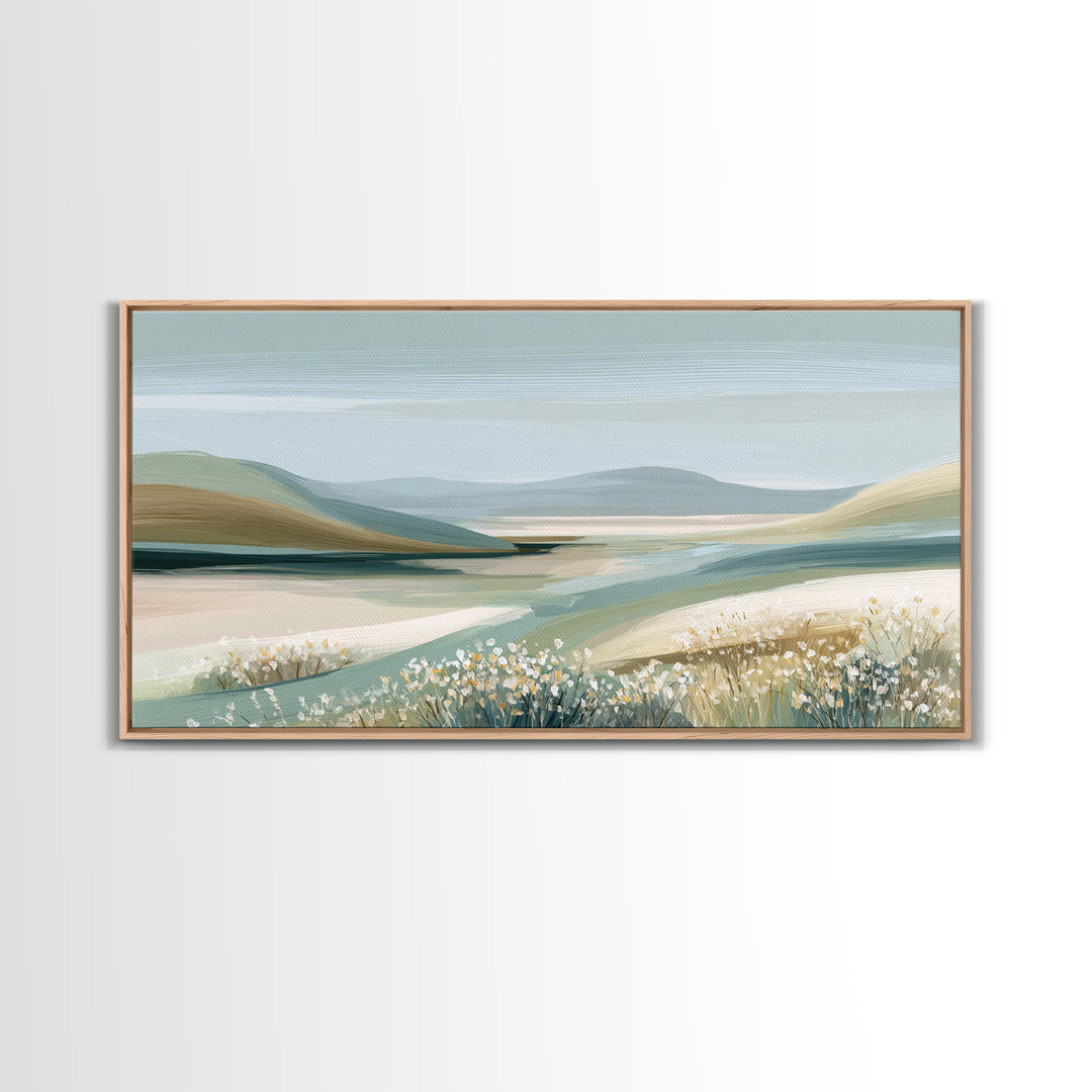 Sunlit Meadow with Wildflowers and Calm Mood Framed Canvas Print, Medical Office Art, Luxury Decor, Office Decor, MOA-2x1-8