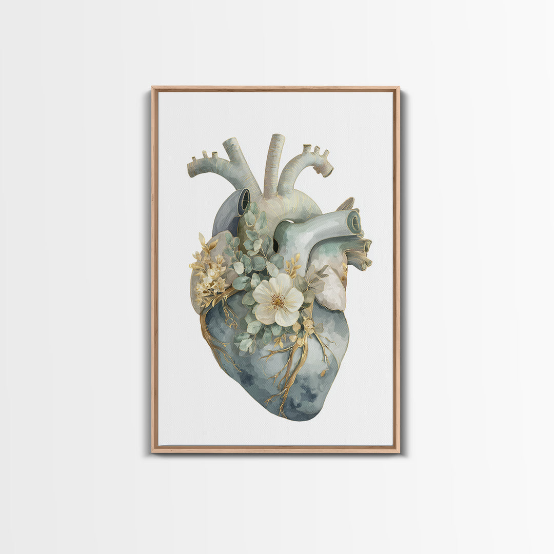 Anatomical Heart Rendered as Tasteful Botanical Art Canvas Print, Medical Office Art, Office Decor, Oil Painting, Calm, MOA-2x3-45