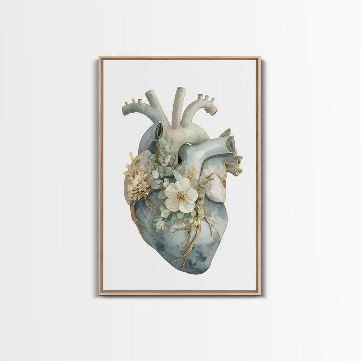 Anatomical Heart Rendered as Tasteful Botanical Art Canvas Print, Medical Office Art, Office Decor, Oil Painting, Calm, MOA-2x3-45