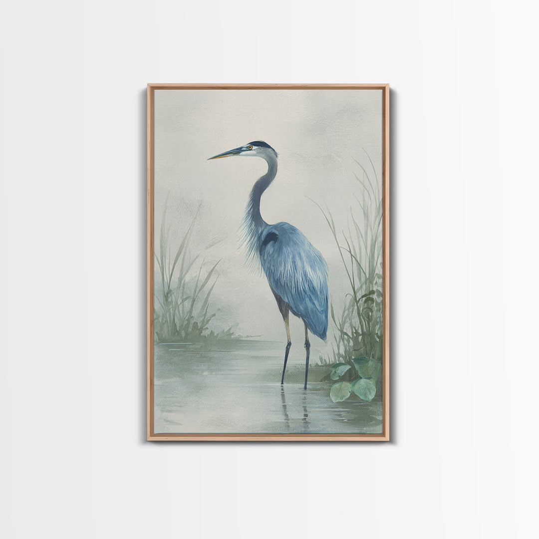 Blue Heron Standing Framed Canvas Print, Medical Office Art, Textured Painting, Office Decor, Fine Art, Calm, Minimalist Art, MOA-2x3-46